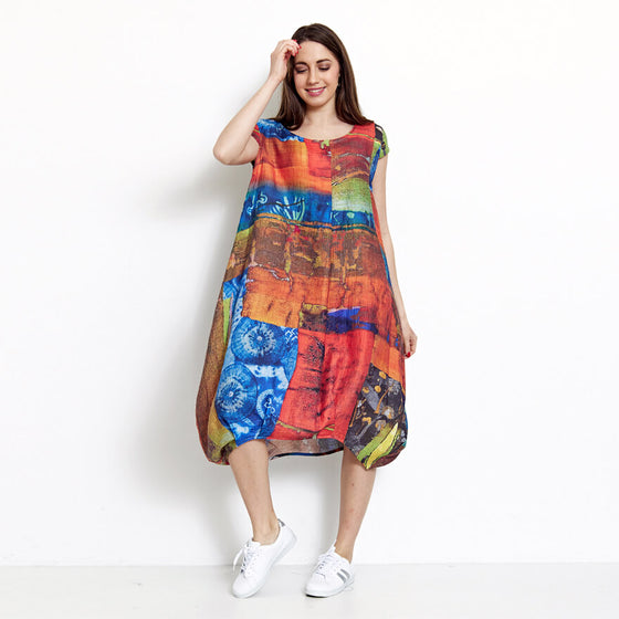 Bright coloured abstract print dress by Bella Blue