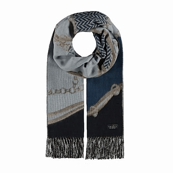 Blue scarf in patchwork chain design cashmink by Fraas 625275 - Black Truffle