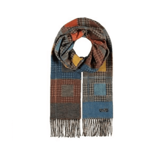 Blue colour block check scarf by Fraas 625283 - Black Truffle