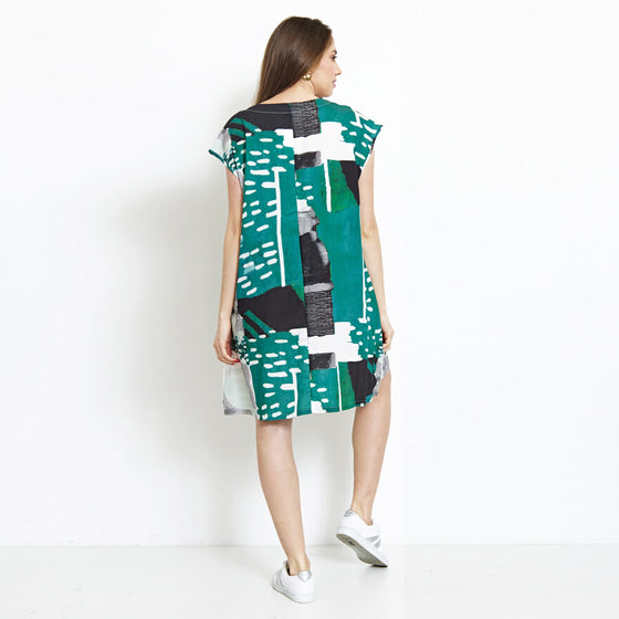 Shift dress with abstract green print by Bella Blue