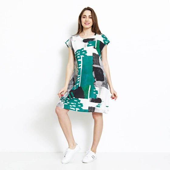 Shift dress with abstract green print by Bella Blue